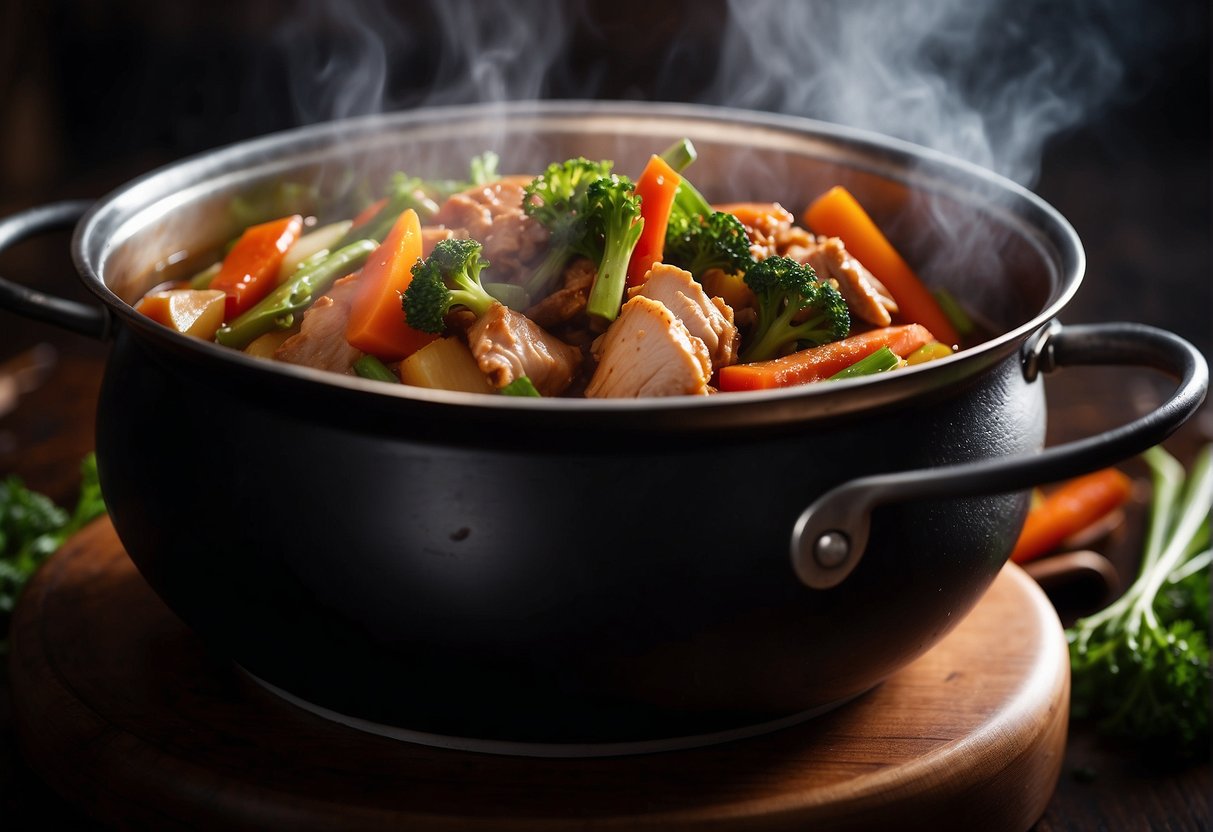 A steaming pot of Chinese braised chicken and vegetables simmering in a savory soy sauce and aromatic spices
