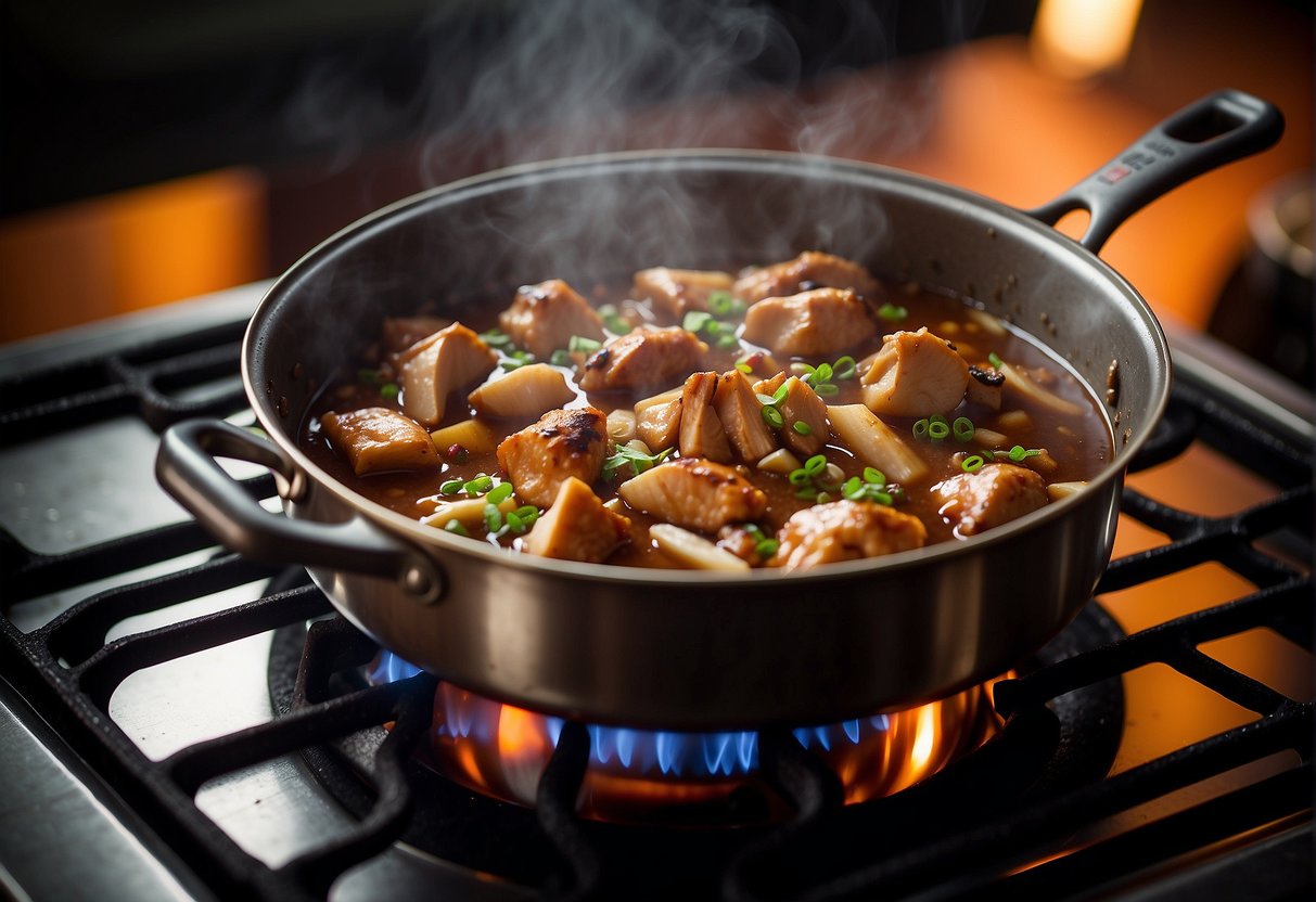 A steaming pot of Chinese braised chicken and mushroom with soy sauce, ginger, and star anise simmering on a stovetop