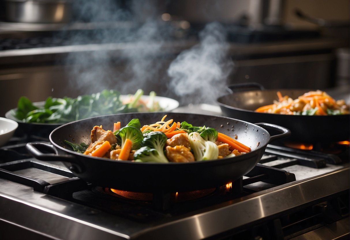 A wok sizzles with braised chicken, carrots, and bok choy. Steam rises as the savory aroma fills the kitchen