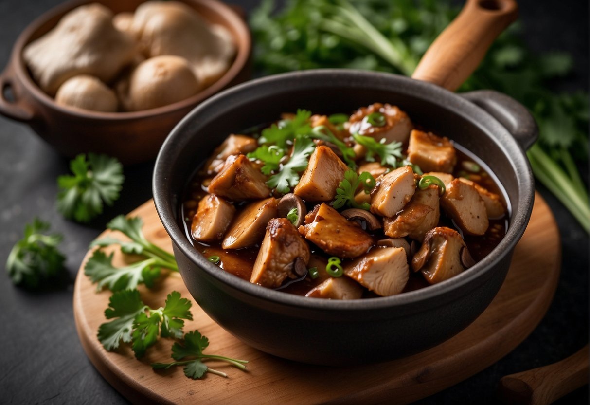 A pot of simmering Chinese braised chicken with mushrooms, ginger, and soy sauce. Chopped scallions and cilantro on a cutting board