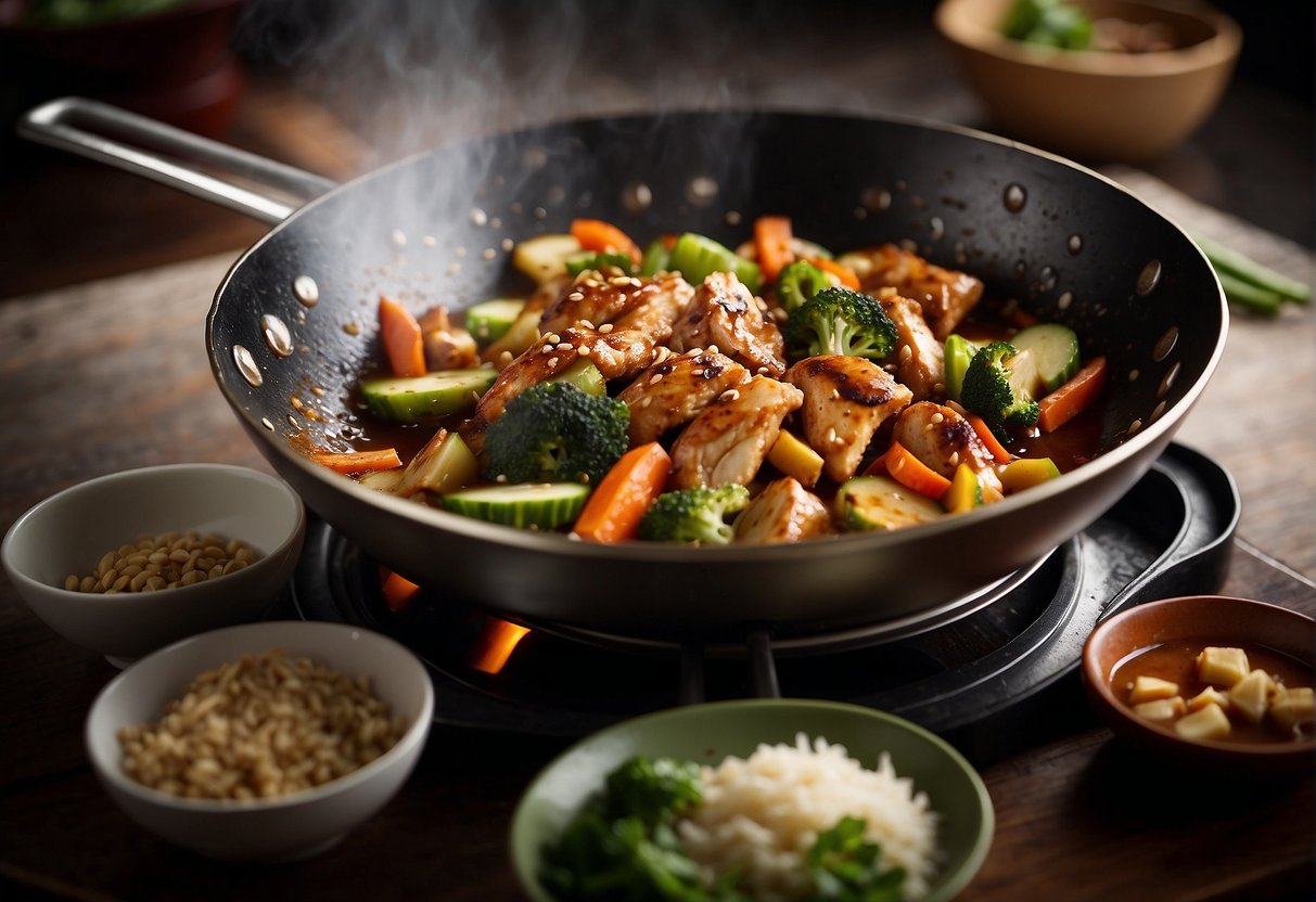 A large wok sizzles as chicken and vegetables simmer in aromatic soy sauce, ginger, and garlic, creating a rich, savory aroma