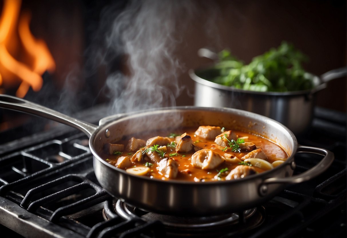 A pot simmers on a stove with braised chicken and mushrooms in a savory sauce, filling the air with rich, aromatic flavors