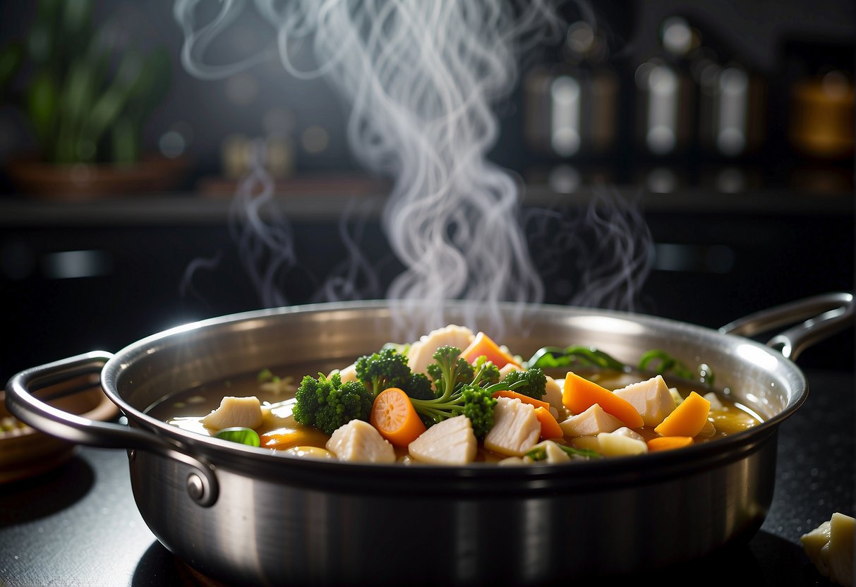 Chicken and vegetables simmer in a fragrant soy sauce, ginger, and garlic broth. Steam rises from the bubbling pot as the savory aroma fills the kitchen