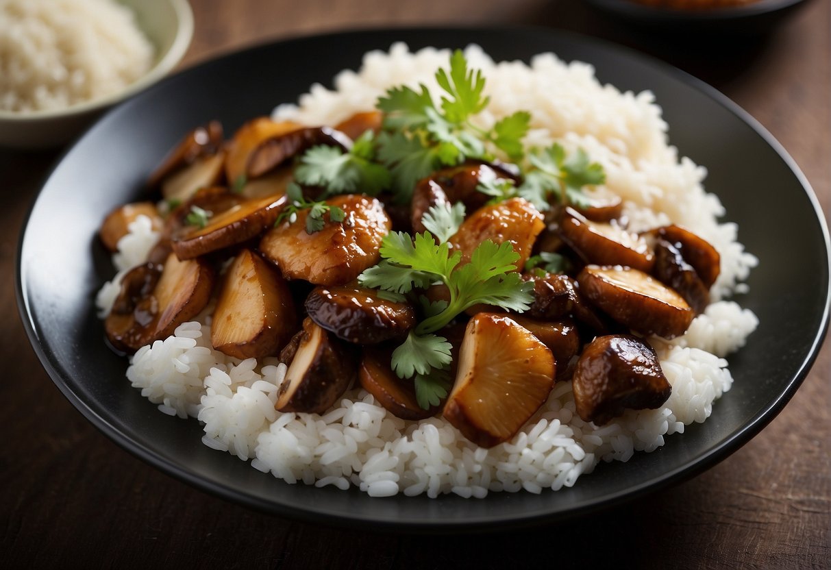 A steaming plate of Chinese braised chicken and mushrooms, garnished with fresh cilantro and served with a side of fluffy white rice