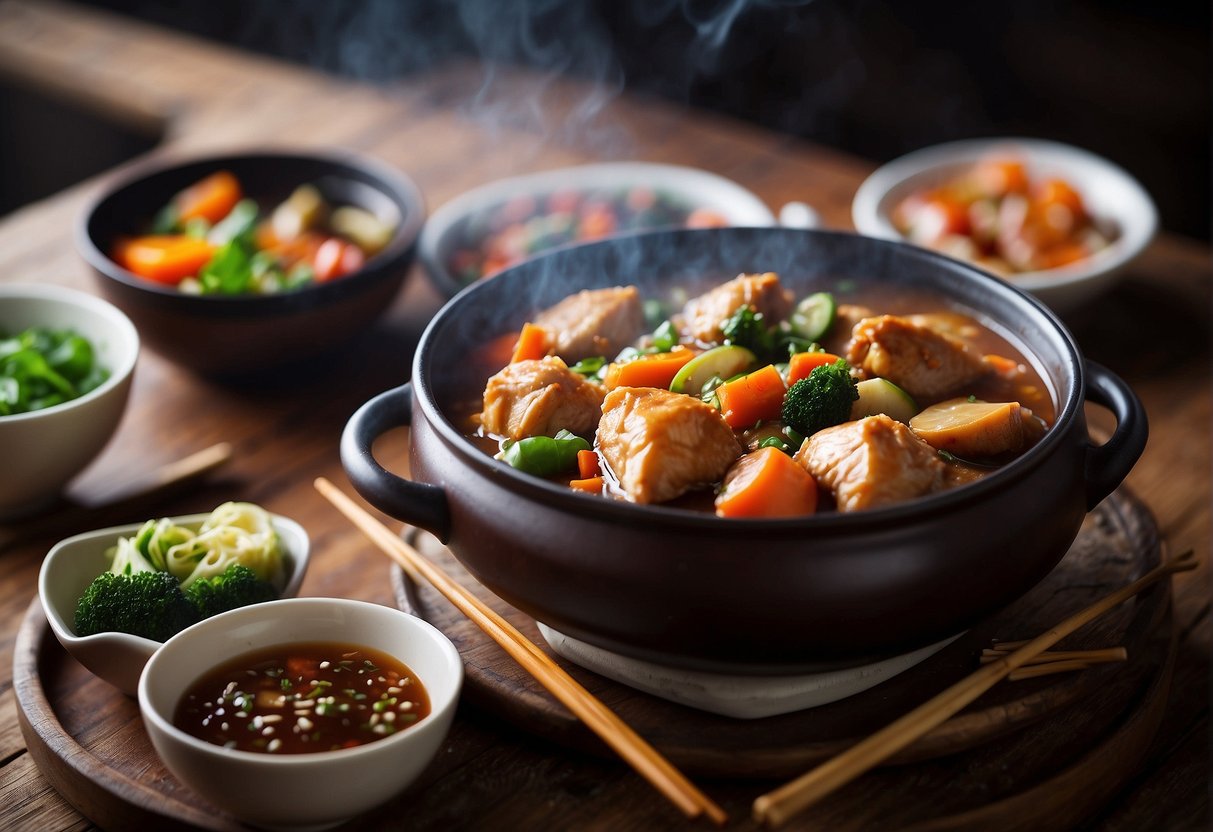 A steaming pot of Chinese braised chicken and vegetables sits on a rustic wooden table, surrounded by colorful plates and chopsticks