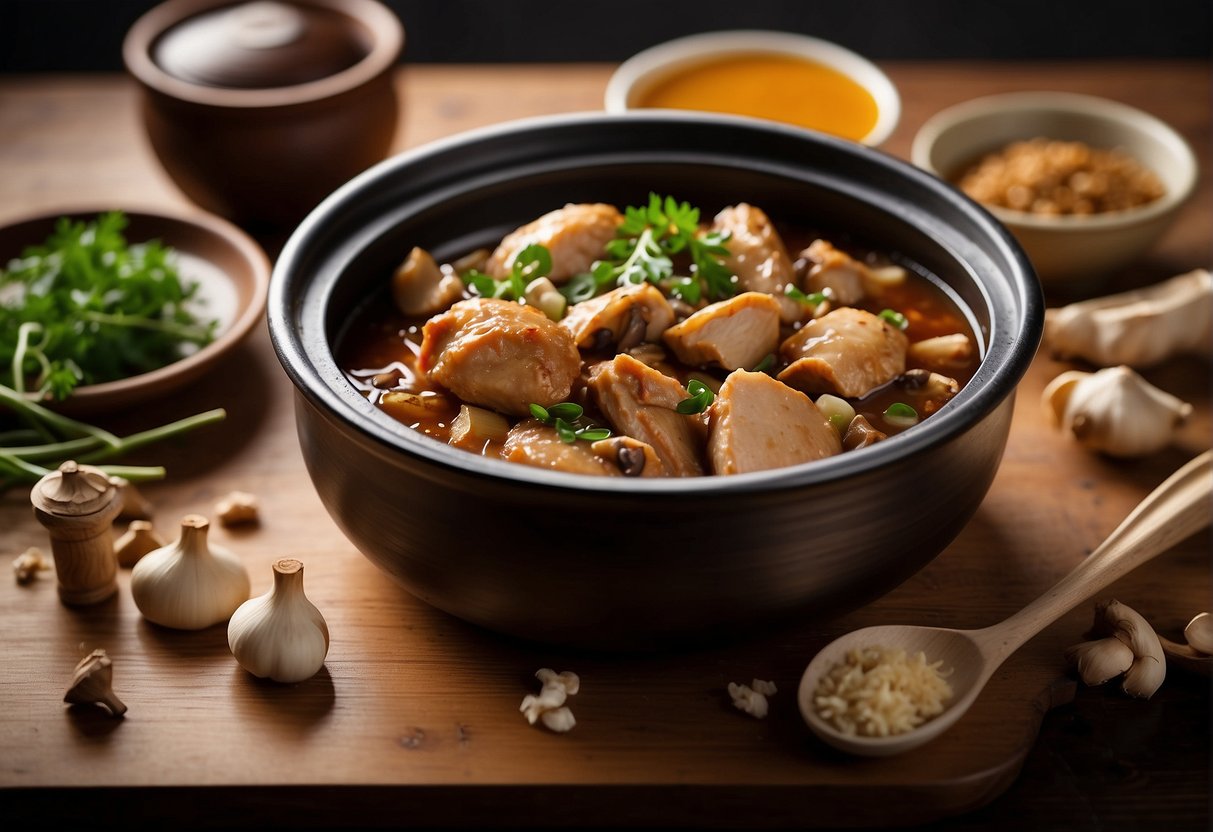 A steaming pot of Chinese braised chicken and mushroom, surrounded by ingredients like ginger, garlic, and soy sauce. A nutrition label with detailed information is placed next to the dish