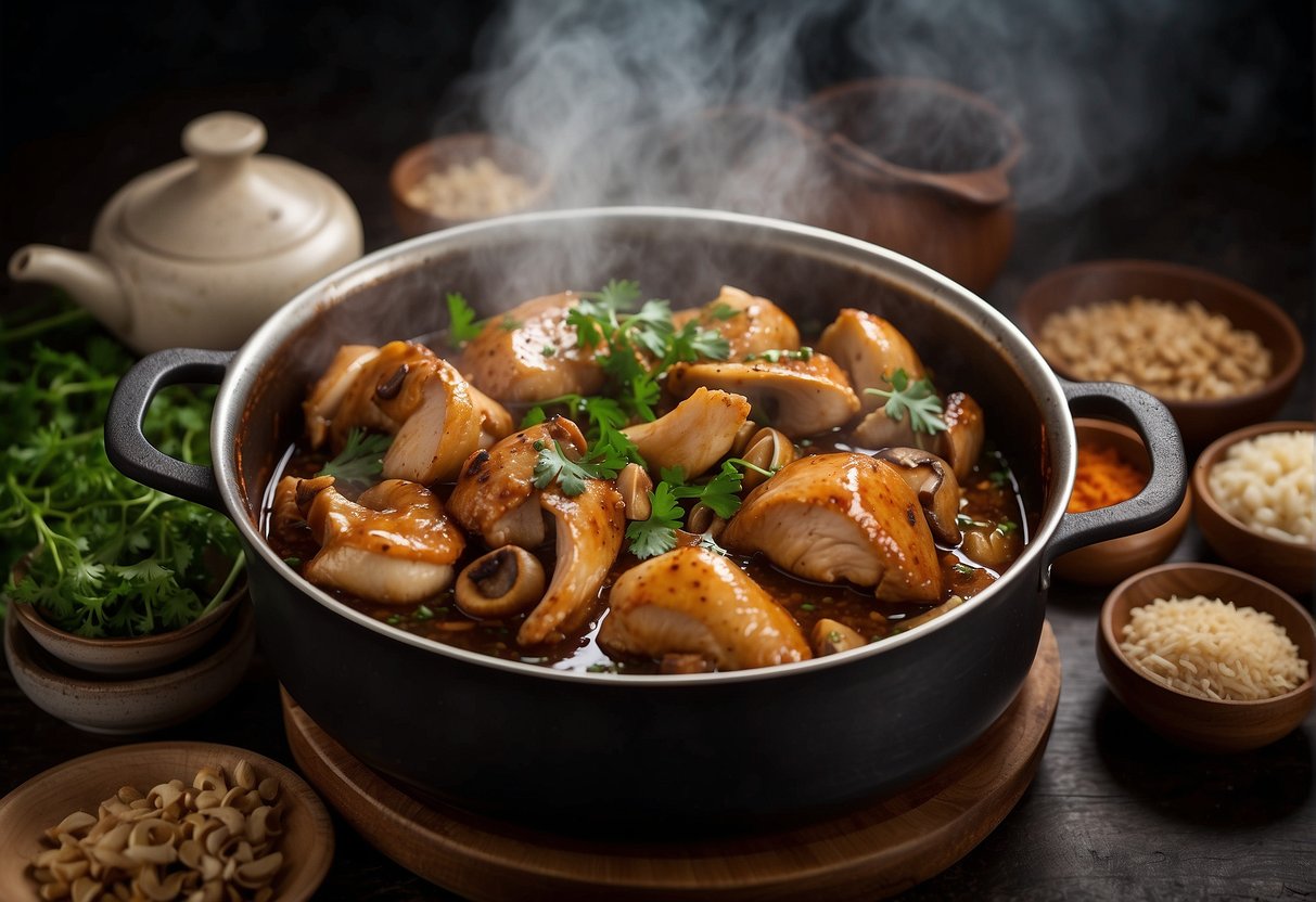 A steaming pot of Chinese braised chicken and mushrooms, surrounded by aromatic spices and herbs, with a recipe book open to the "Frequently Asked Questions" page