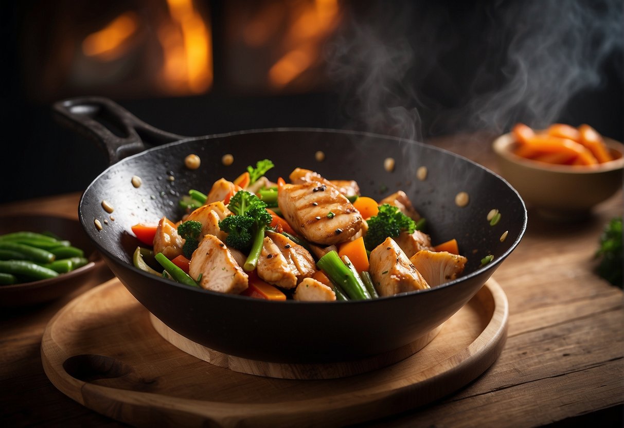 A sizzling wok stir-frying marinated chicken, garlic, and ginger with colorful vegetables and soy sauce