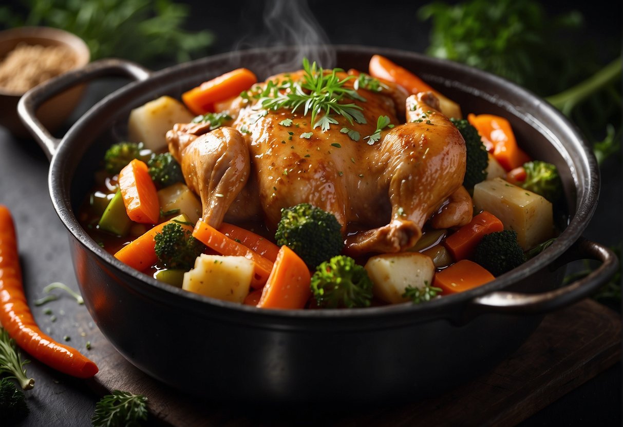 A steaming pot of Chinese braised chicken and vegetables, surrounded by aromatic herbs and spices, with a rich and savory sauce coating the tender meat and vibrant veggies