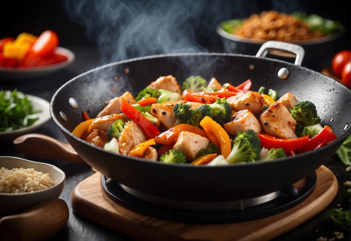 A sizzling wok filled with tender chunks of marinated chicken, surrounded by vibrant vegetables and aromatic spices
