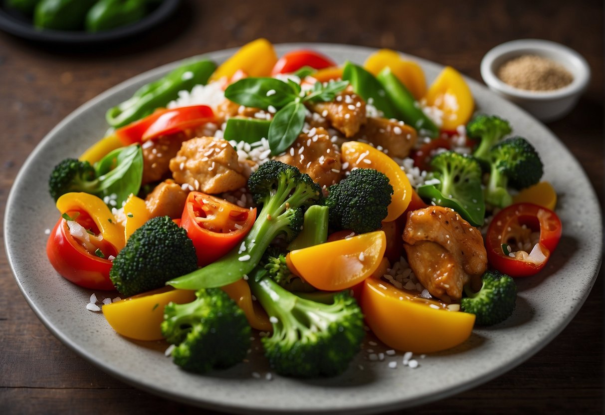 A steaming plate of stir-fried chicken with colorful bell peppers, broccoli, and snow peas, garnished with sesame seeds and green onions