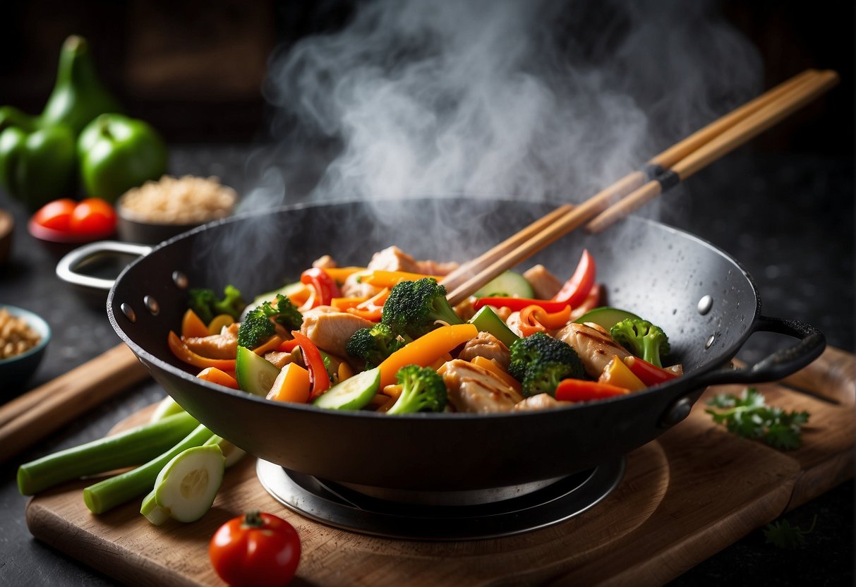 Sizzling chicken stir-fry in a wok, with colorful vegetables and aromatic spices. Steam rising, chopsticks in the background