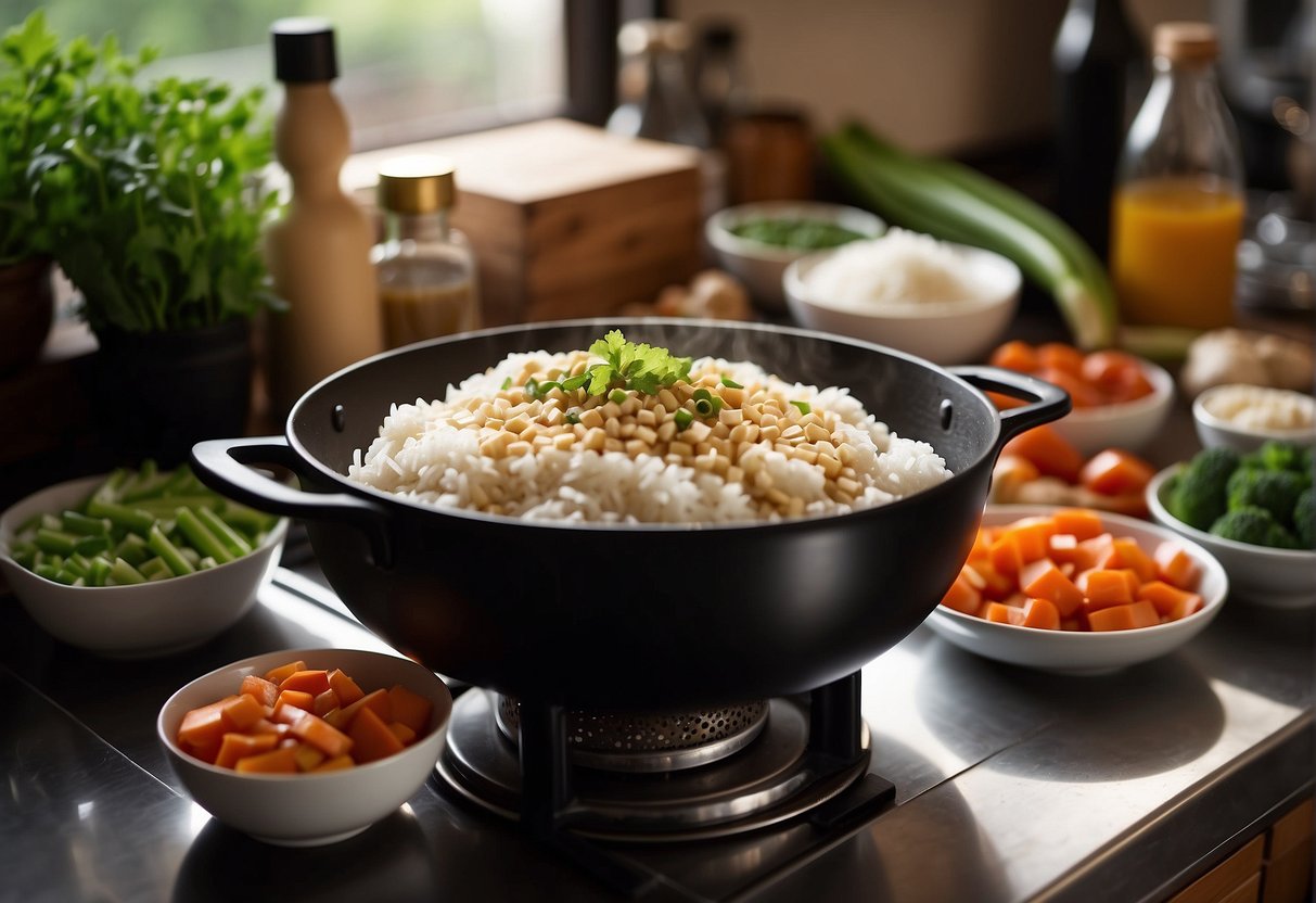 A table filled with fresh vegetables, tofu, soy sauce, and rice vinegar. A wok sits on a gas stove, ready for cooking