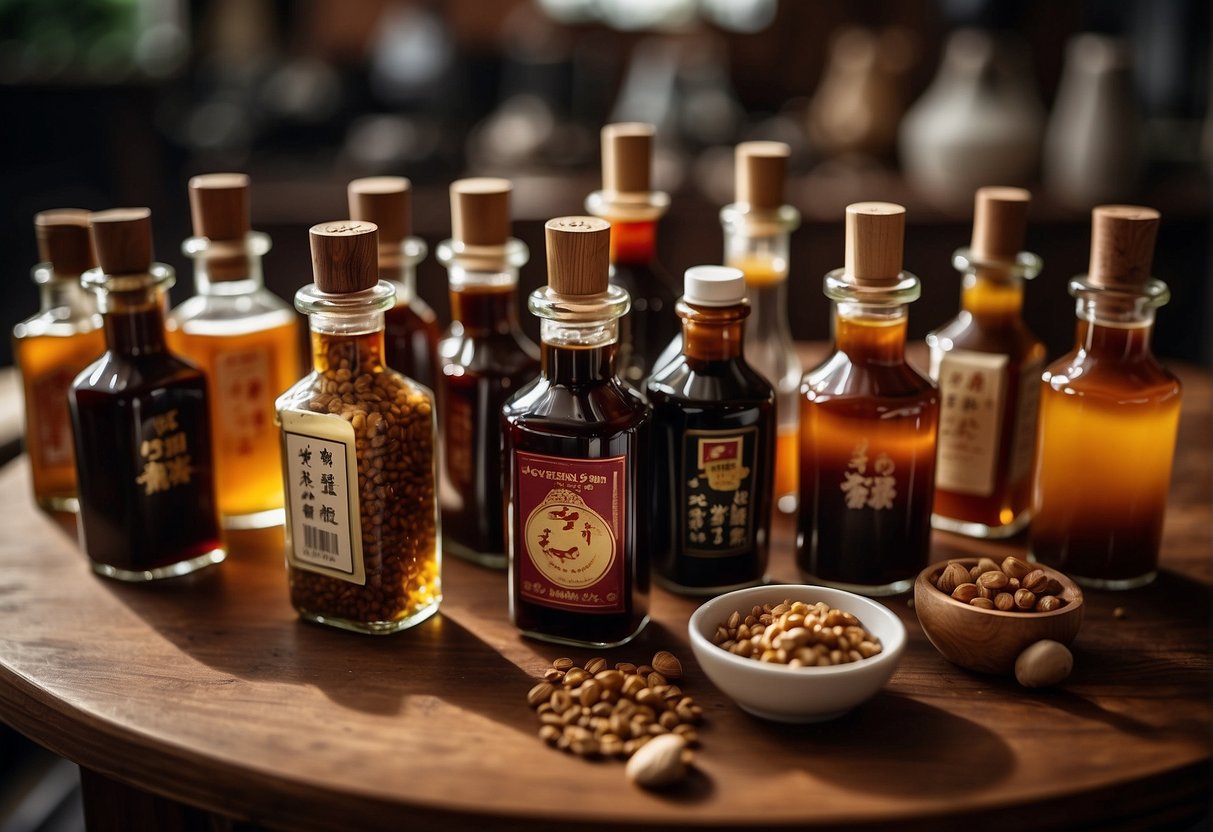 A table with various bottles and jars of essential Chinese sauces and seasonings, including soy sauce, oyster sauce, hoisin sauce, and sesame oil