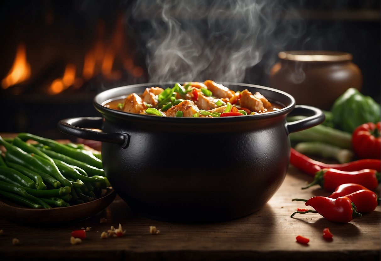 A large pot simmering with soy sauce, ginger, garlic, and tender chicken pieces, surrounded by vibrant green scallions and bright red chili peppers