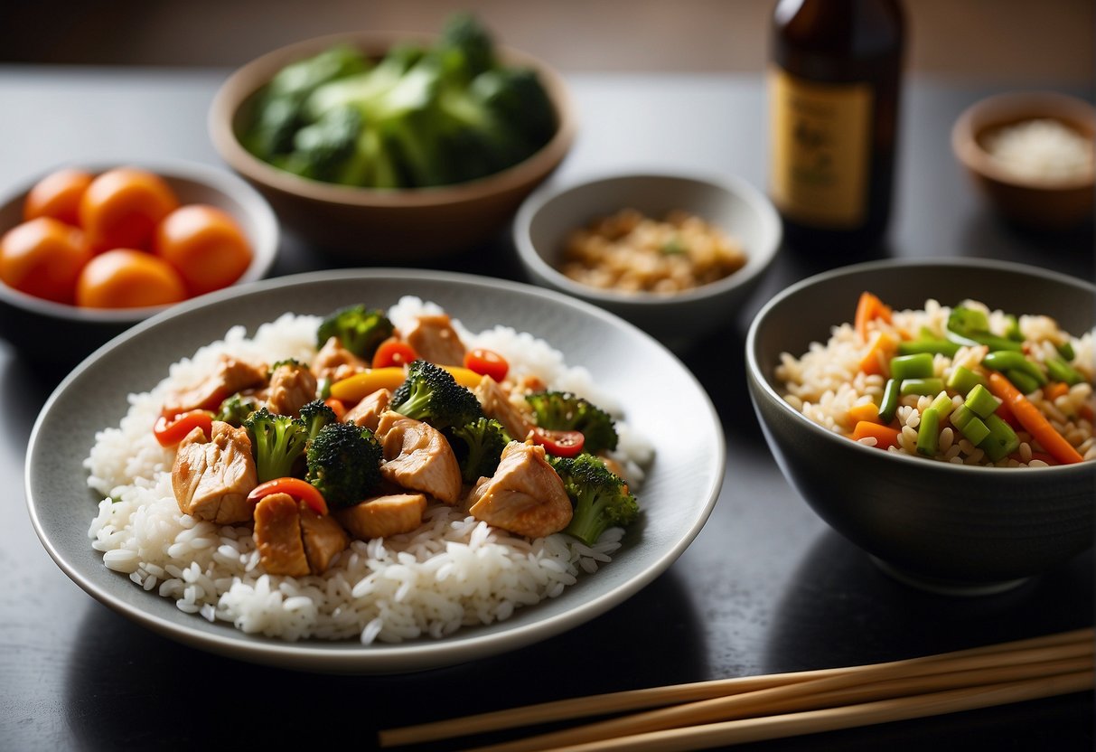 A table set with a steaming plate of chicken stir-fry, alongside bowls of rice and vegetables. A bottle of soy sauce and chopsticks complete the scene