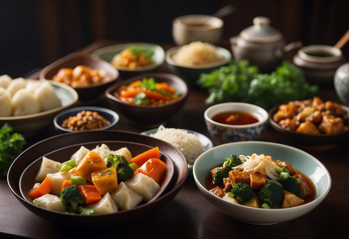 A table set with a variety of colorful and aromatic vegetarian Chinese dishes, including stir-fried vegetables, tofu dishes, and steamed dumplings