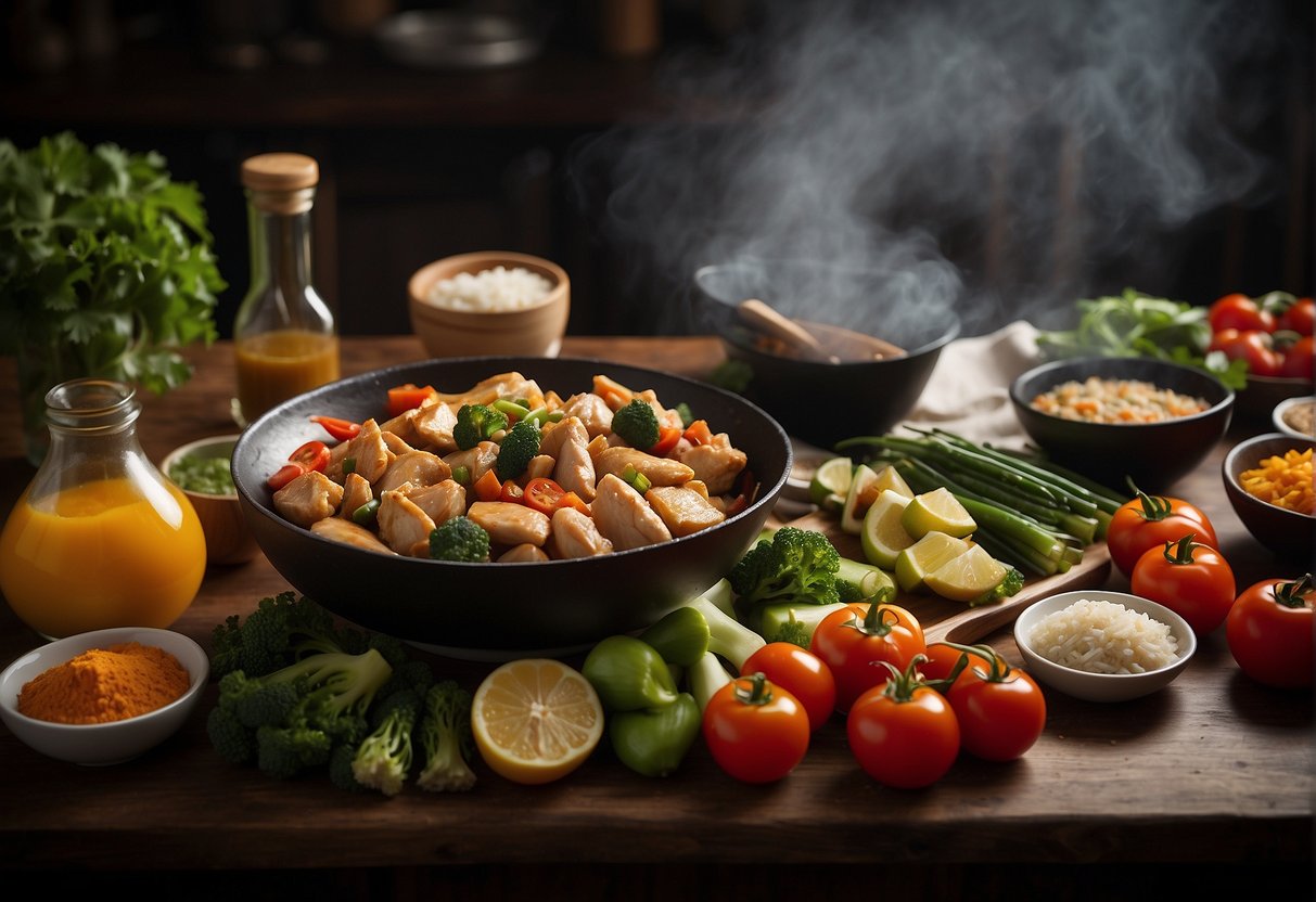 A table filled with ingredients like chicken, vegetables, and sauces. A wok sizzling with stir-fried chicken and a chef's knife chopping fresh produce
