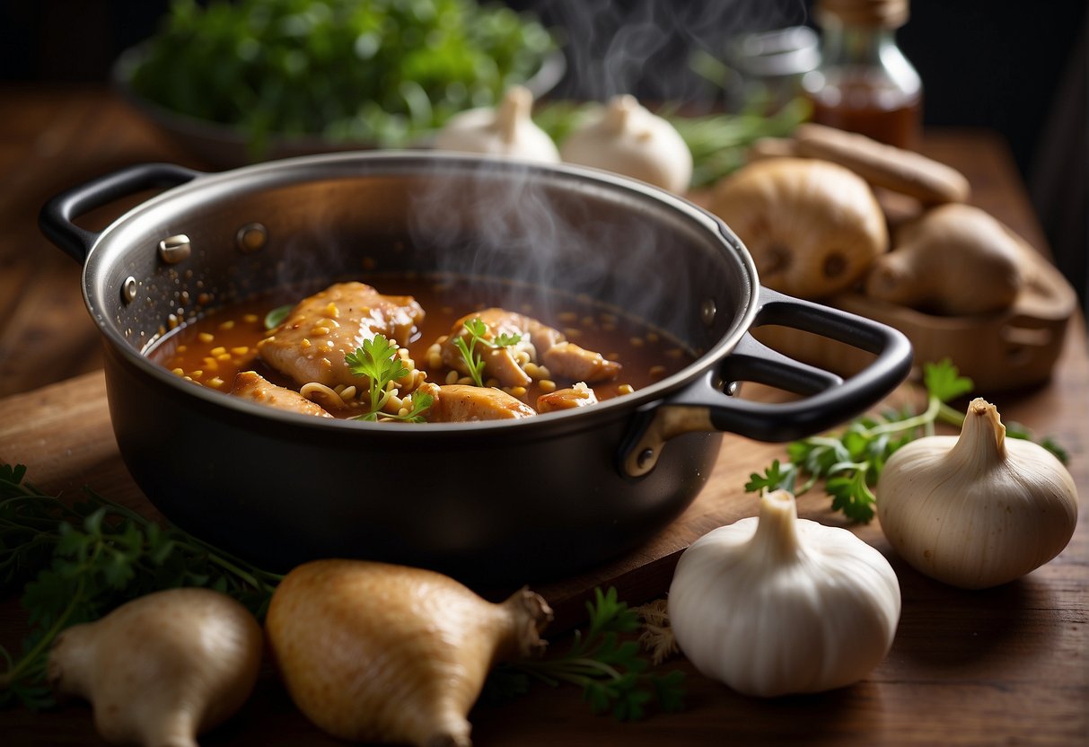 A pot simmering with soy sauce, ginger, garlic, and spices, while chicken thighs braise in the rich, savory liquid
