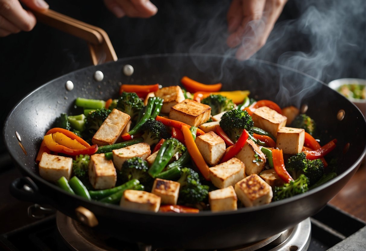 A wok sizzles with stir-fried vegetables and tofu. A chef adds soy sauce and ginger, demonstrating Chinese cooking techniques