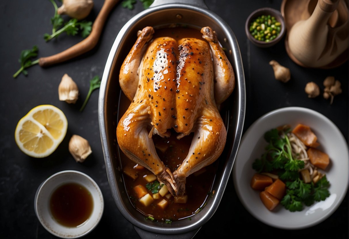 A whole chicken is being marinated in soy sauce, ginger, and spices. It is then simmered in a flavorful broth until tender and infused with rich, savory flavors
