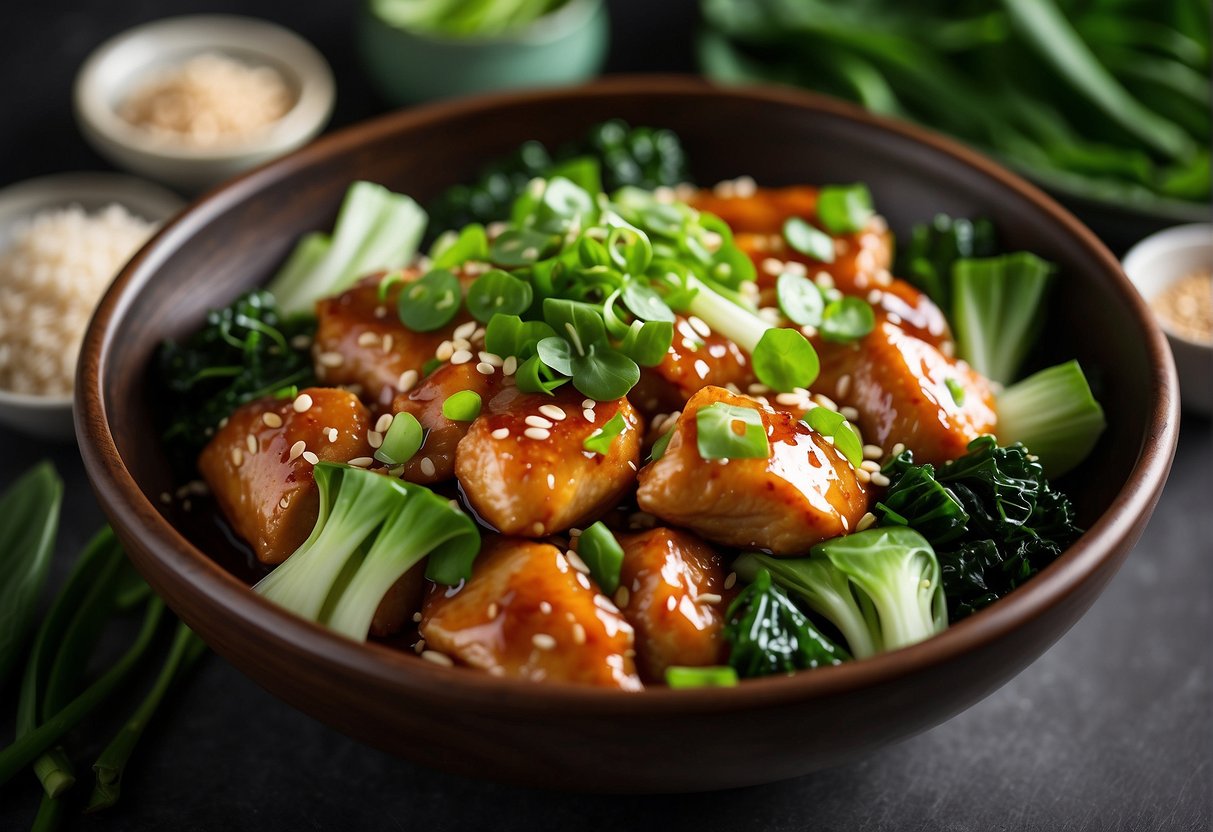 A steaming bowl of Chinese braised chicken surrounded by vibrant green bok choy and garnished with sliced green onions and sesame seeds