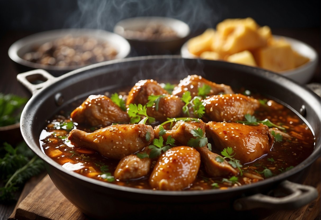 A bubbling pot of Chinese braised chicken surrounded by aromatic spices and herbs, with a hint of soy sauce and sweetness from sugar