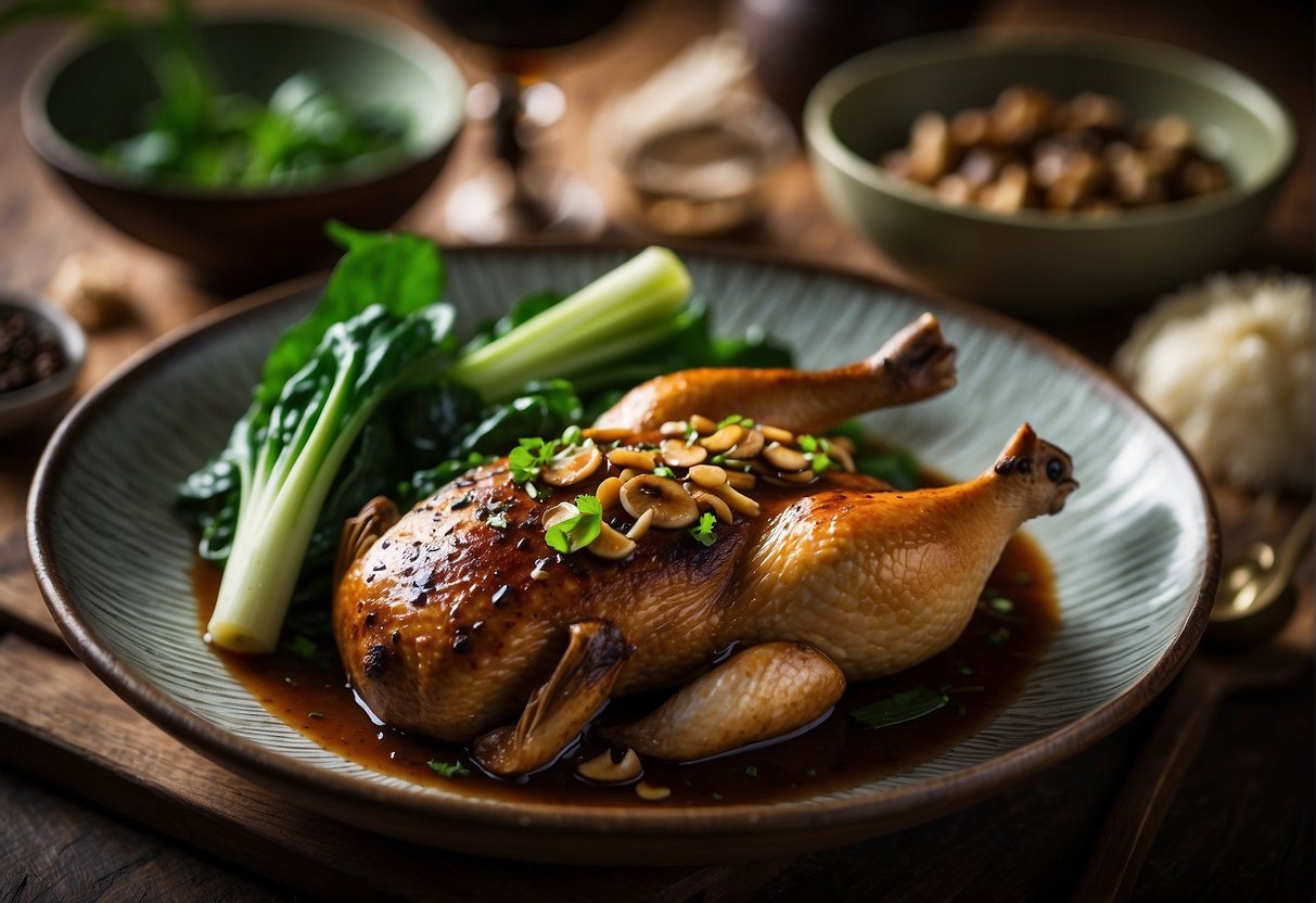 A whole duck simmering in a rich, aromatic sauce with soy, ginger, and star anise, surrounded by vibrant green bok choy and shiitake mushrooms