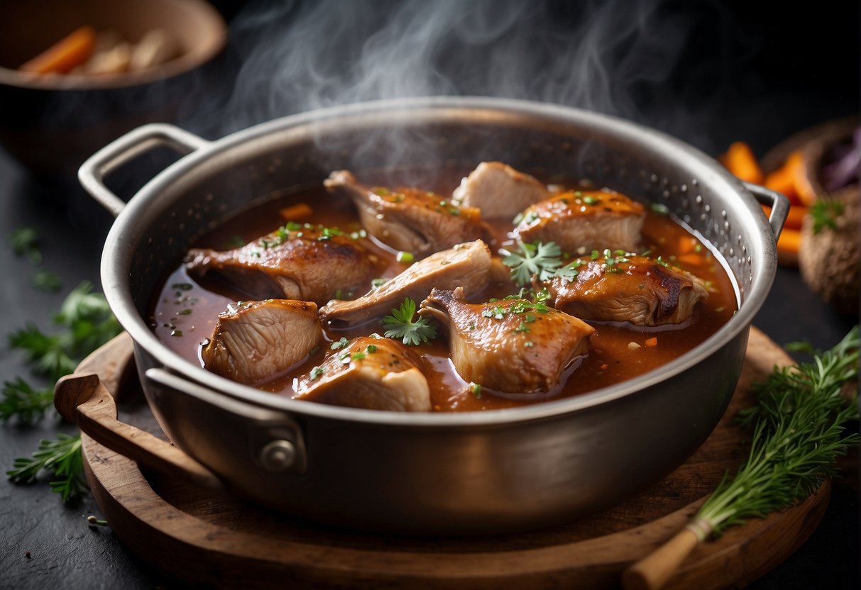 A pot of braised duck simmering in a rich, fragrant sauce with aromatic spices and herbs, surrounded by steam rising from the bubbling liquid