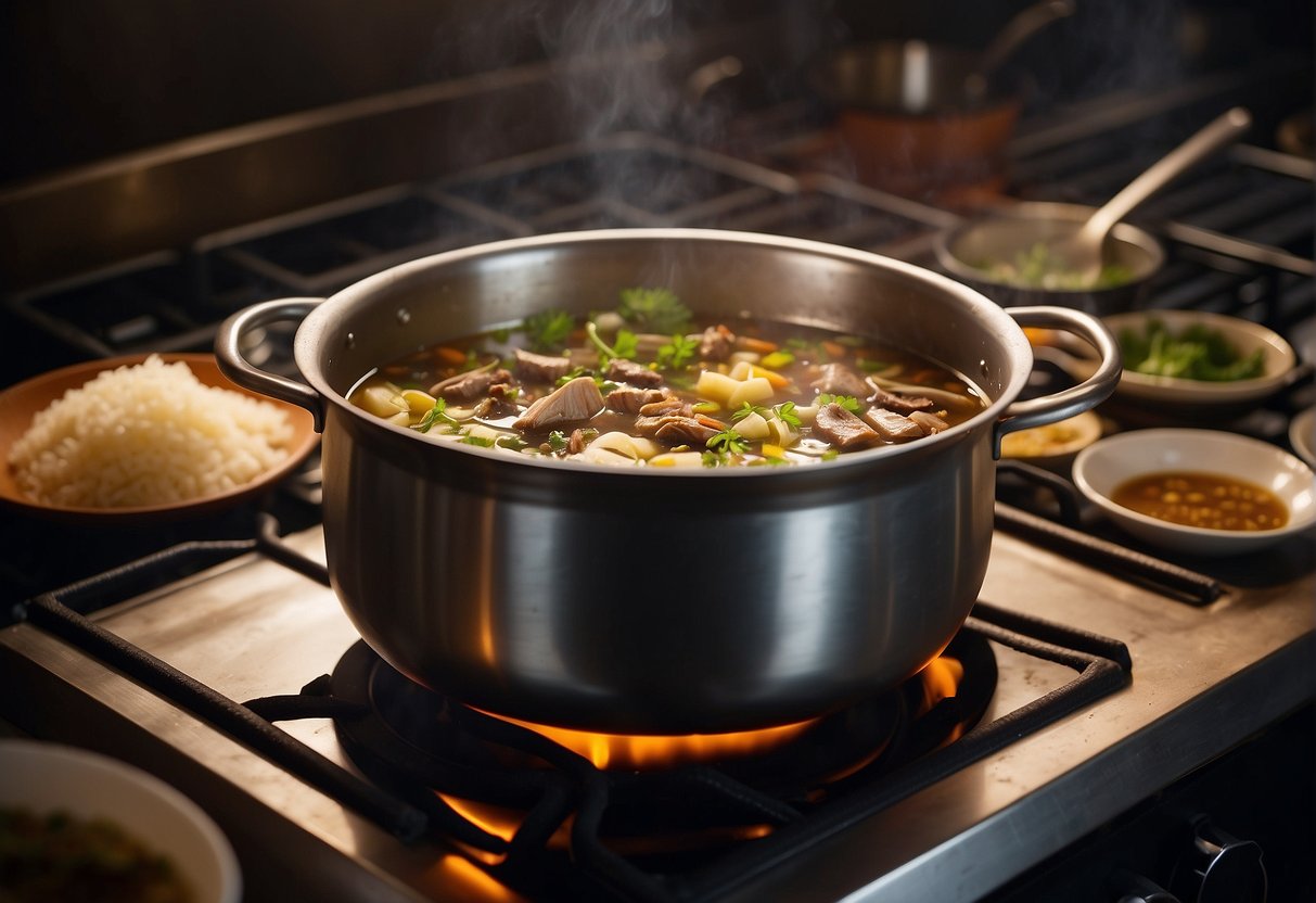 A large pot simmers on a stove, filled with rich, aromatic broth and tender pieces of braised duck. A variety of traditional Chinese spices and herbs are scattered around the kitchen, ready to be added to the dish