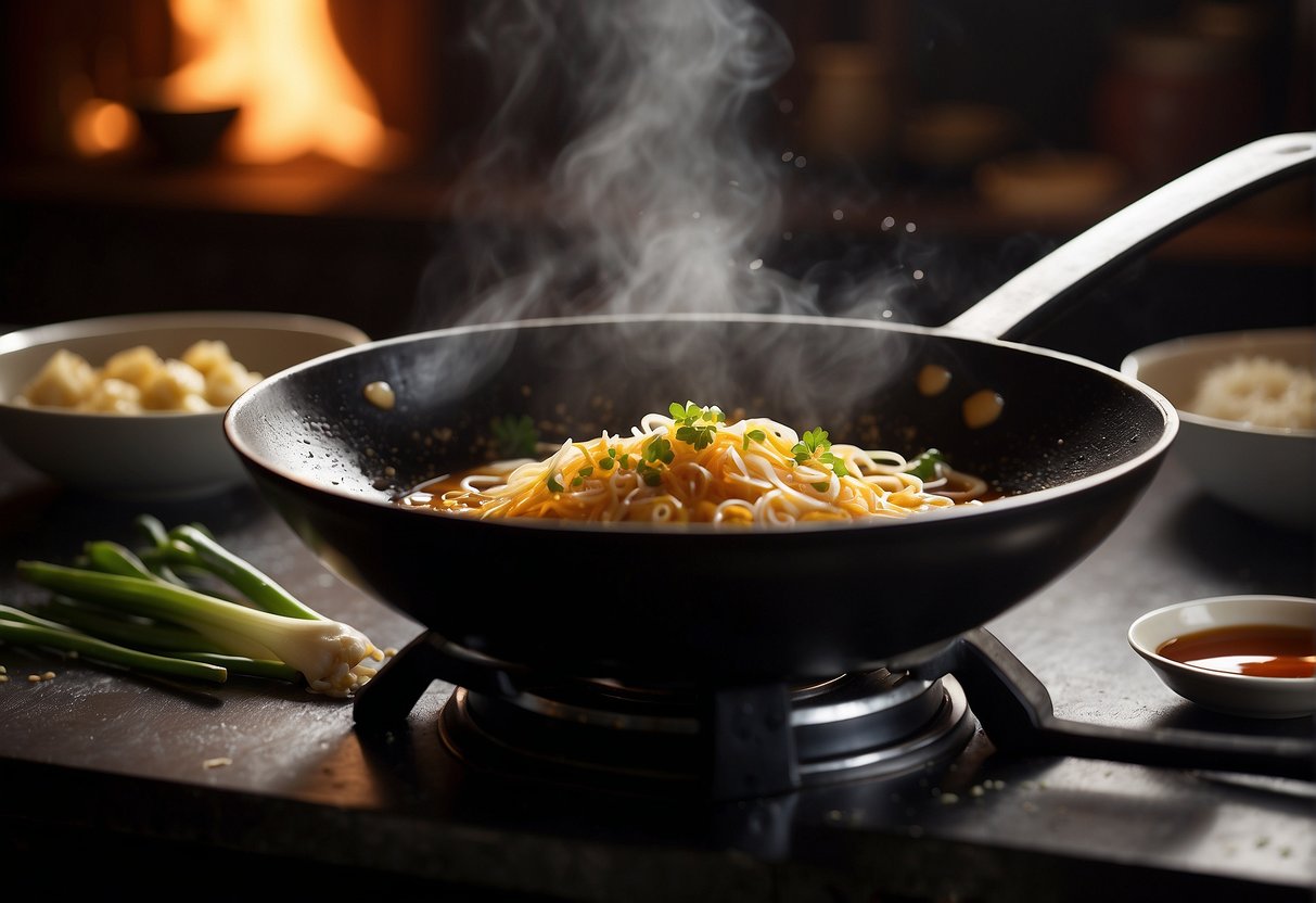 A wok sizzles with soy sauce, garlic, and ginger. A mix of cornstarch and water thickens the bubbling sauce into a rich, glossy gravy