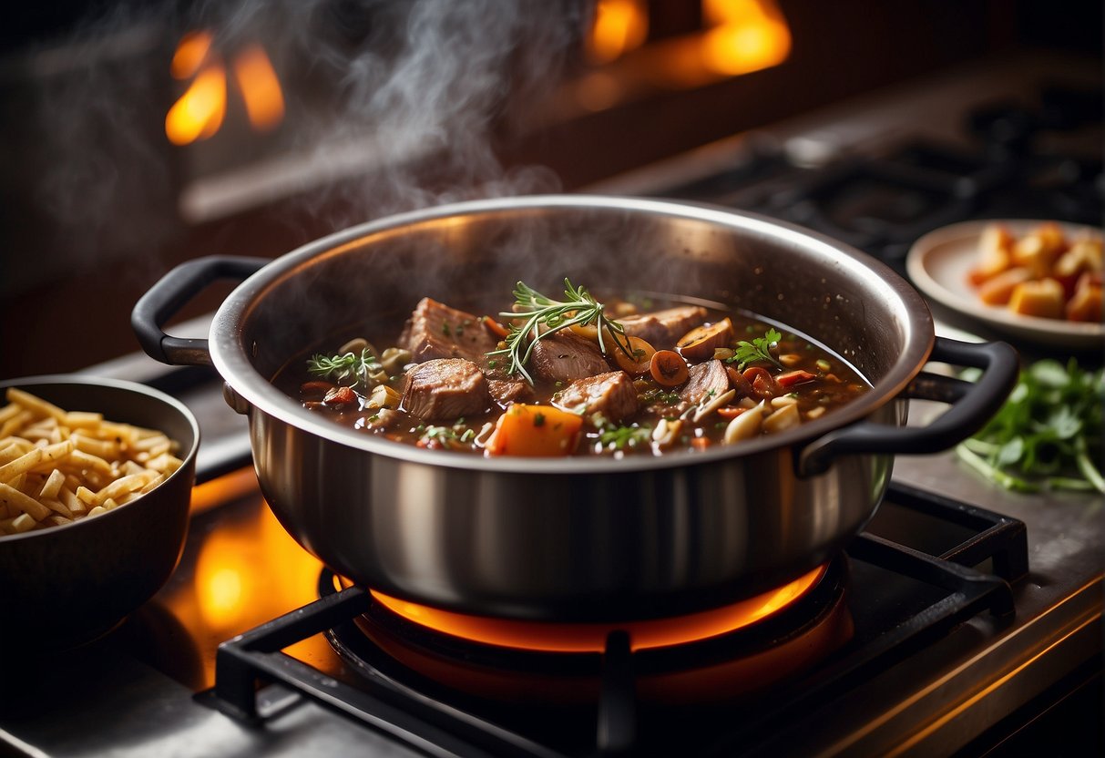 A large pot simmers on a stove, filled with rich, dark liquid and tender pieces of duck, surrounded by aromatic spices and herbs