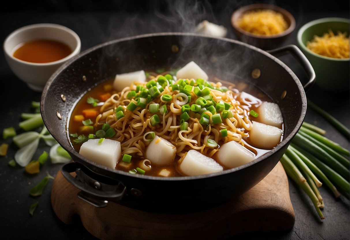 A wok sizzles with soy sauce, ginger, and garlic. Cornstarch is whisked into broth, thickening into a glossy gravy. Green onions are sprinkled on top