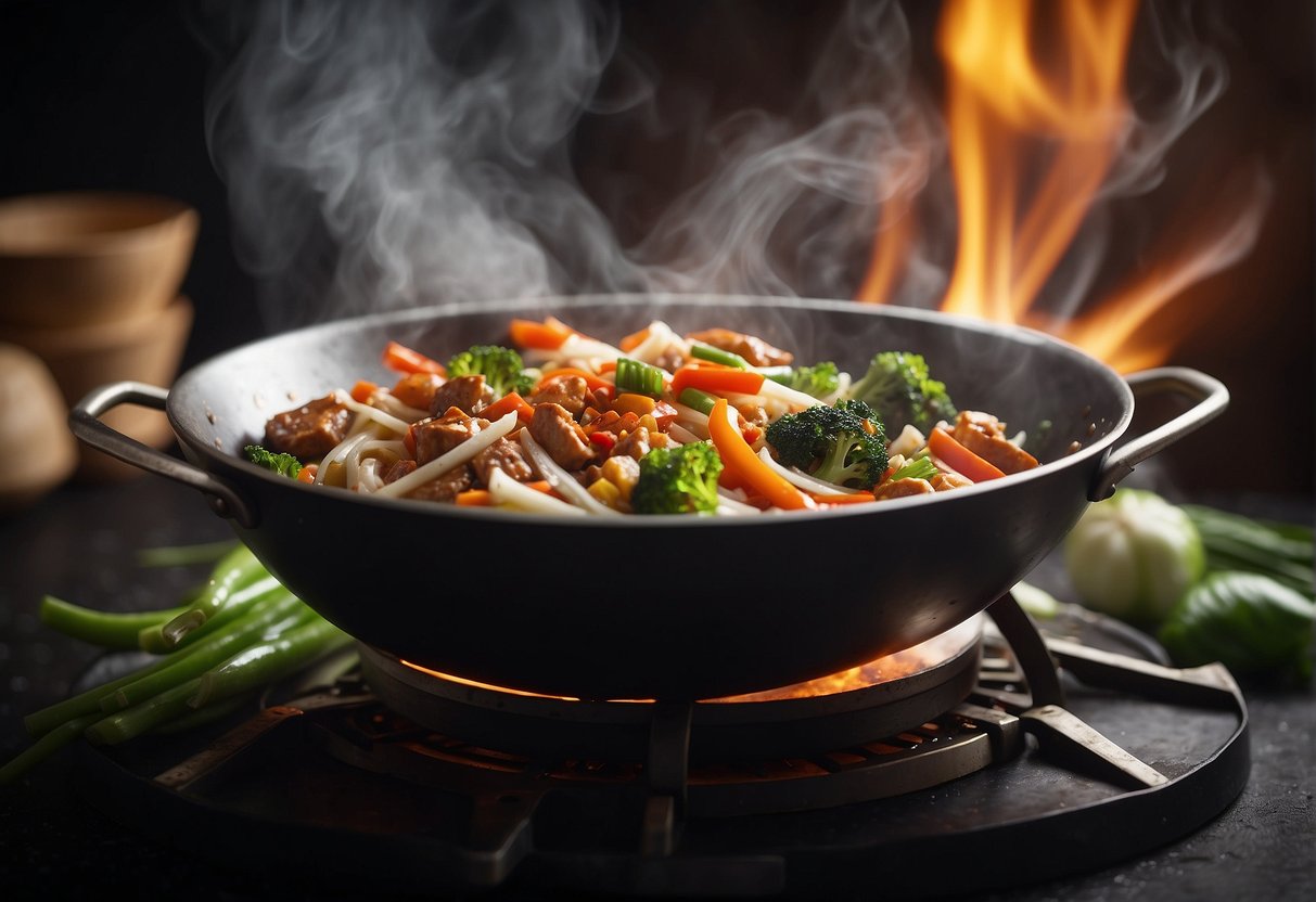 A wok sizzles as ingredients are stir-fried. A savory aroma fills the air as soy sauce and spices are added to create a delicious Chinese gravy