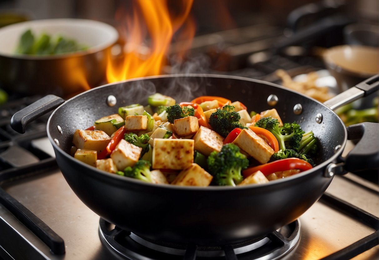 A wok sizzles with stir-fried vegetables and tofu. Steam rises from a pot of rice cooking on the stove. A stack of colorful spices and sauces sit on the countertop