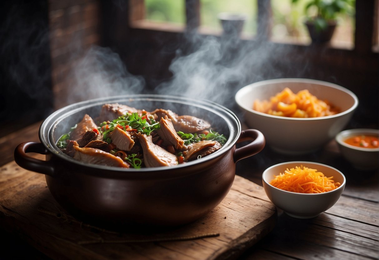 A steaming pot of Chinese braised duck surrounded by aromatic spices and herbs on a rustic wooden table