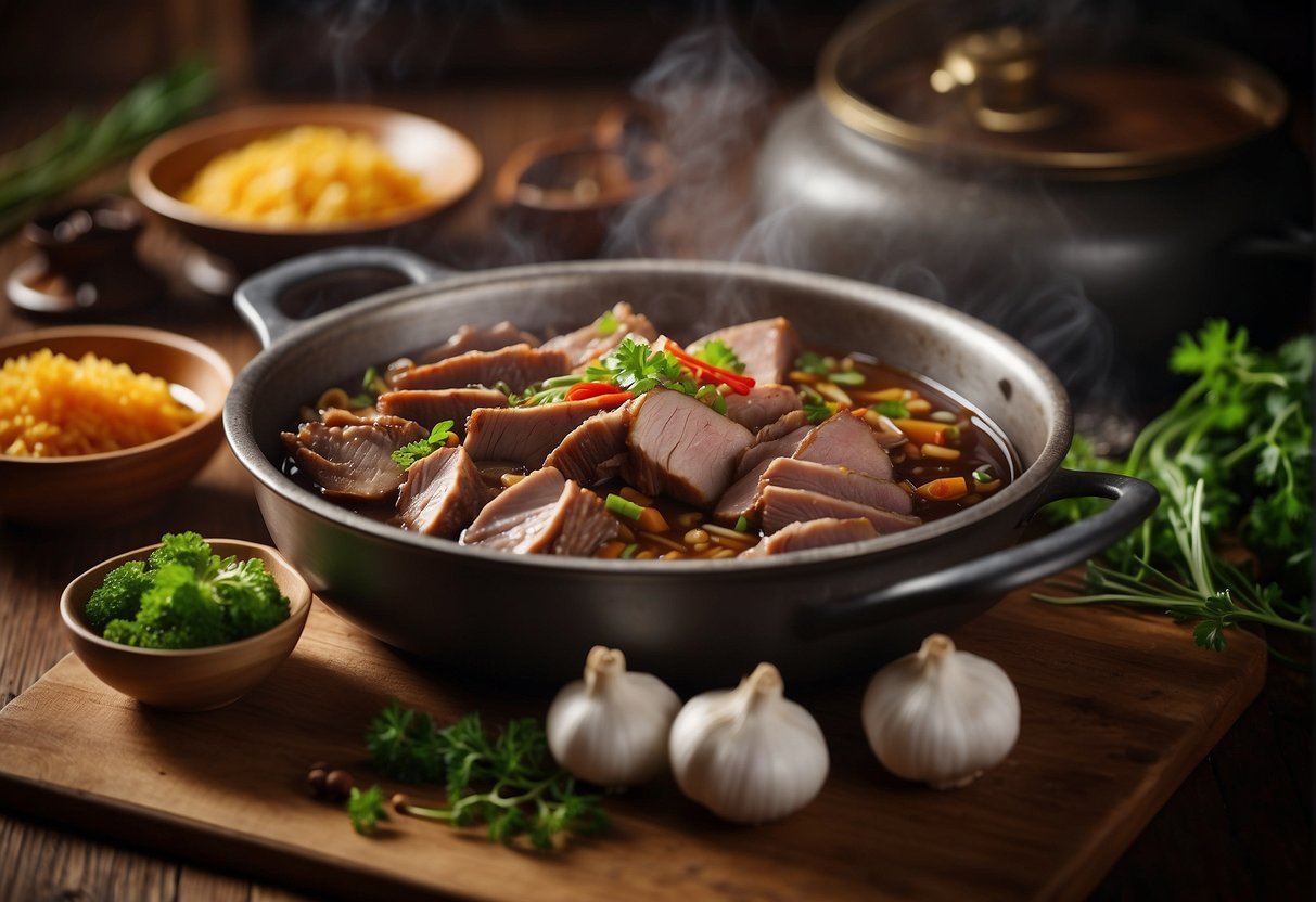 A steaming pot of Chinese braised duck surrounded by ingredients like ginger, garlic, star anise, and soy sauce on a wooden table