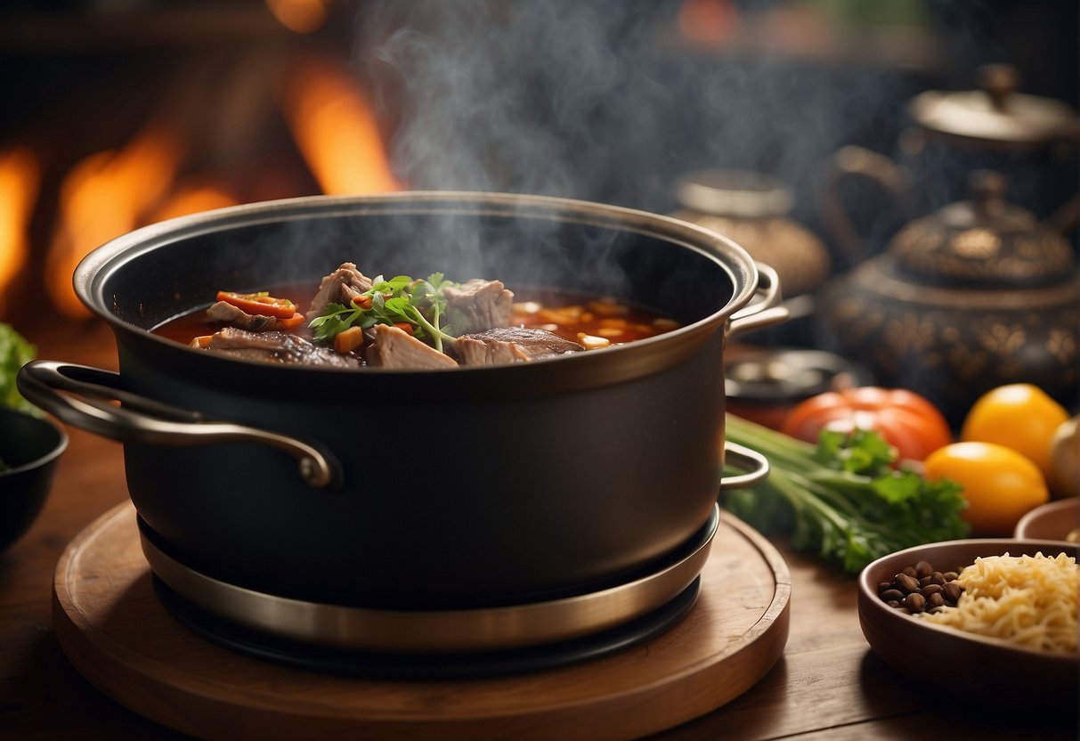 A large pot simmering with aromatic Chinese braised duck, surrounded by traditional spices and ingredients