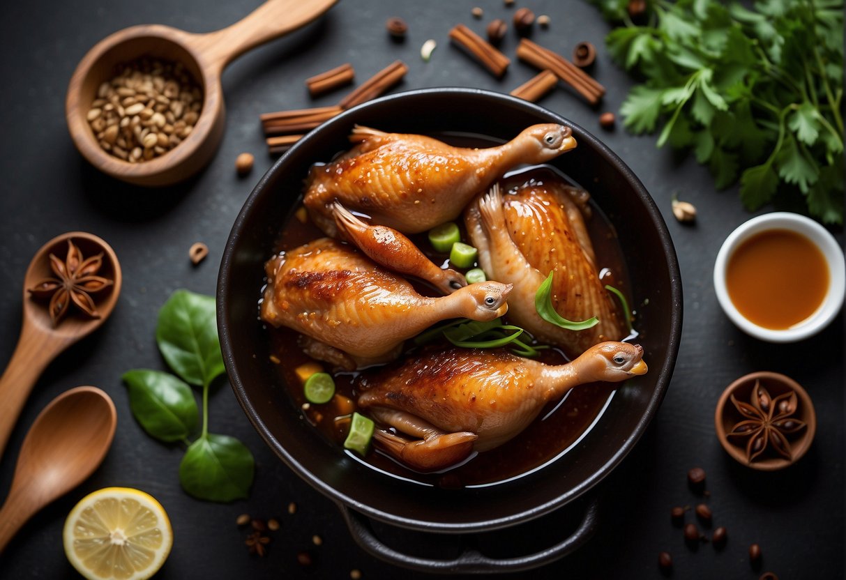 Duck wings simmer in fragrant soy sauce, ginger, and star anise, creating a rich and savory aroma