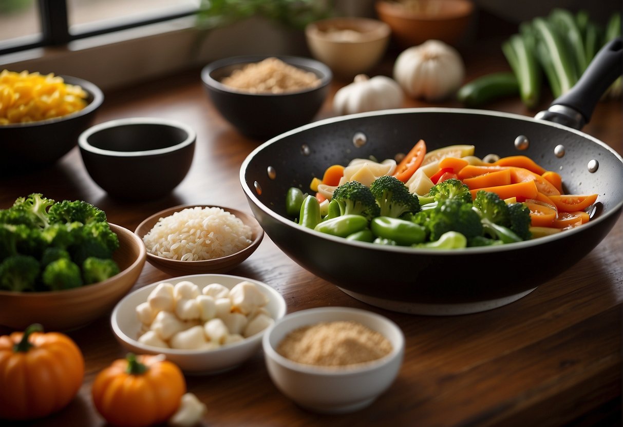 A kitchen counter with fresh vegetables, soy sauce, ginger, garlic, and a wok. A cookbook open to a page with Chinese recipes