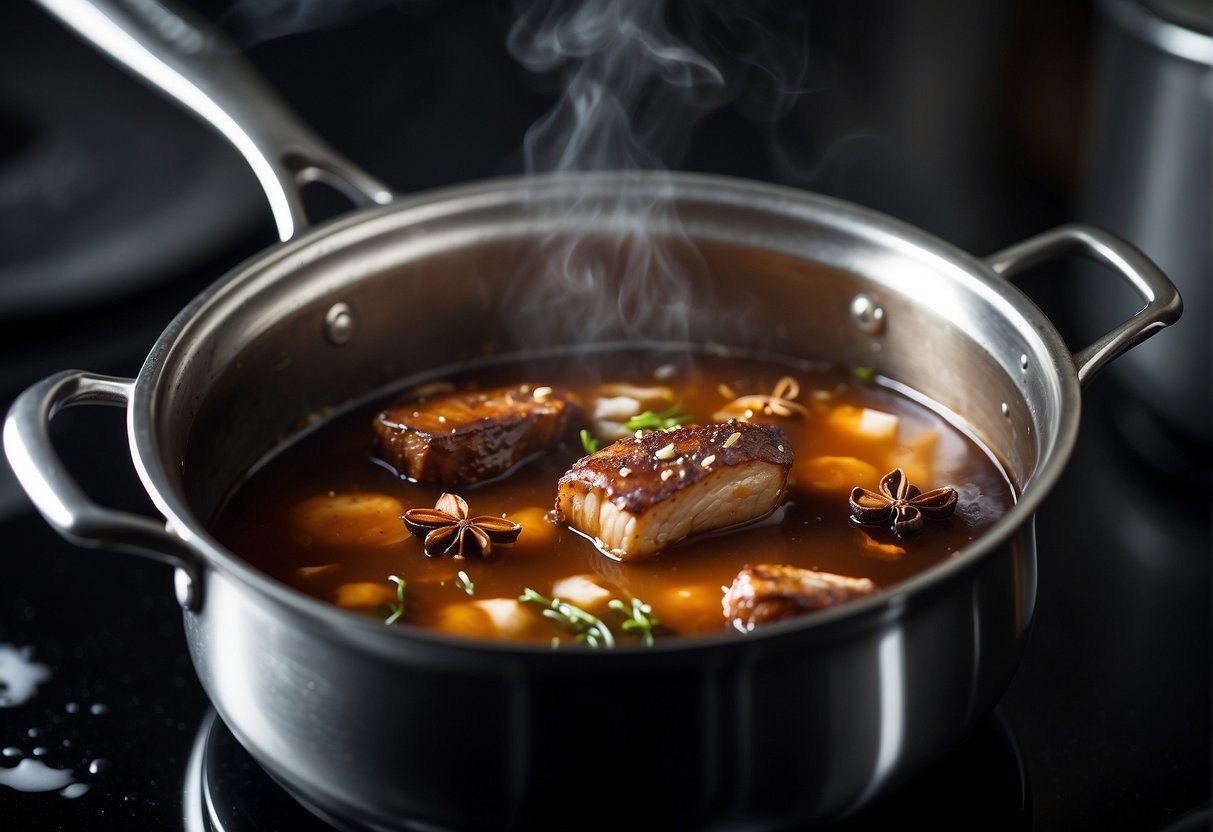 A pot simmering with soy sauce, ginger, and star anise, duck wings braising in the flavorful liquid, steam rising from the pot