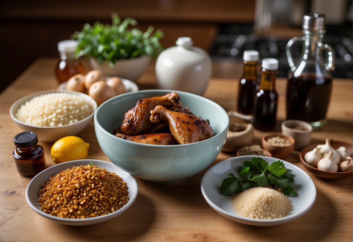Ingredients laid out on a clean kitchen counter, including duck wings, soy sauce, ginger, garlic, and spices. Bowls and utensils ready for use