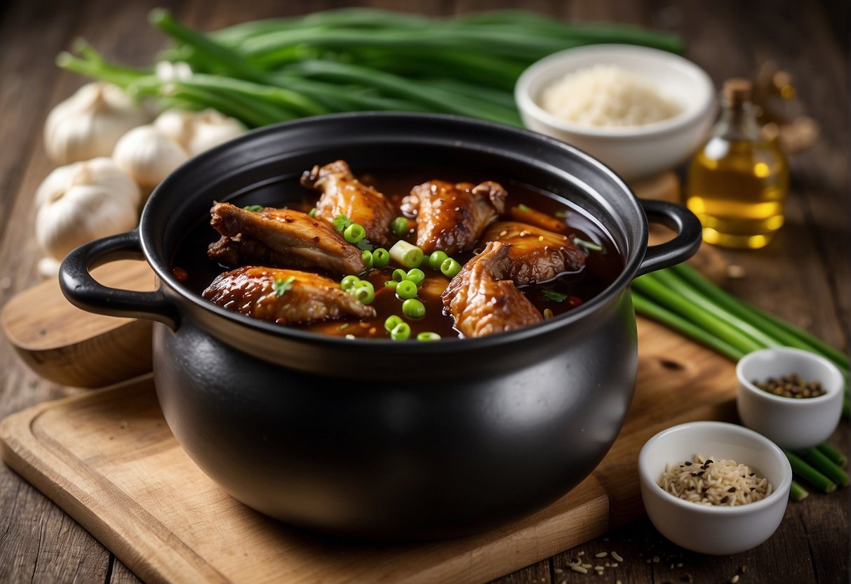 A pot simmering with duck wings, soy sauce, ginger, and star anise. Bowls of garlic, green onions, and rice vinegar nearby