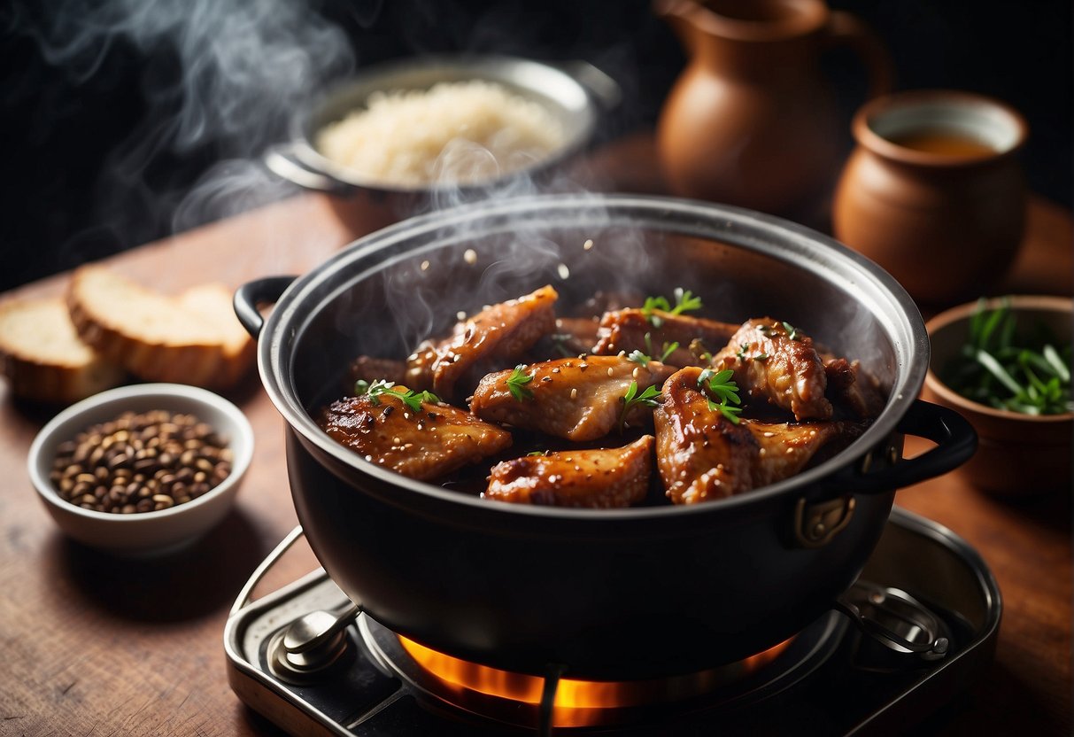 Duck wings simmer in soy, ginger, and star anise. Steam rises from the pot as the rich aroma fills the kitchen