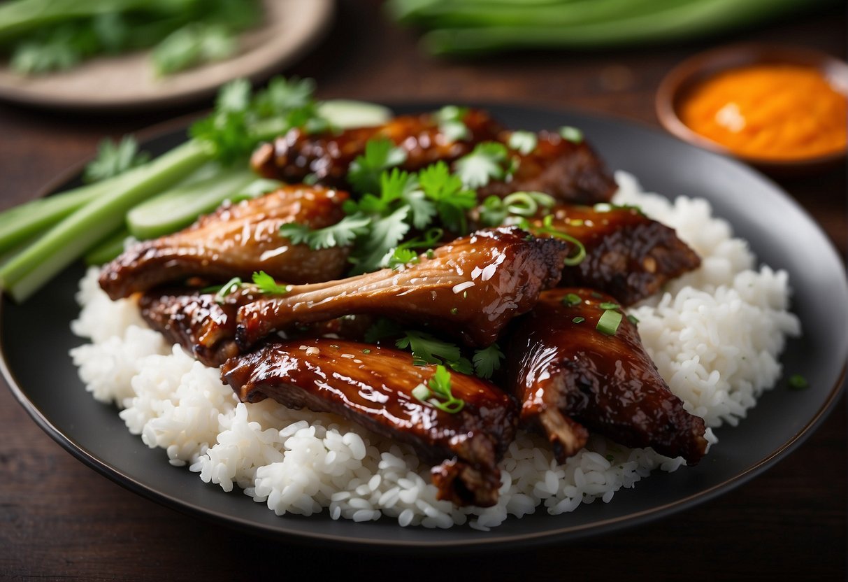 A platter of Chinese braised duck wings is served with a side of steamed rice and a garnish of sliced green onions and cilantro
