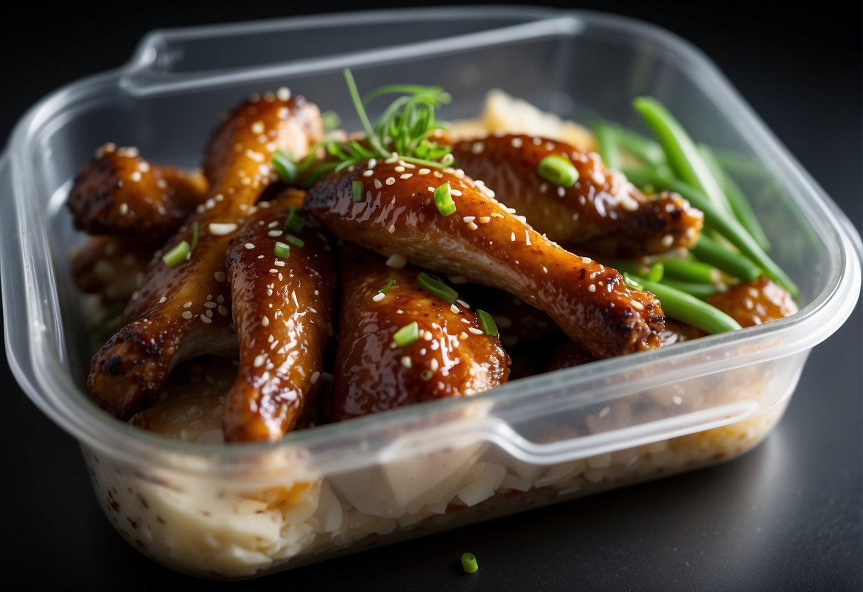 Duck wings stored in airtight container. Microwave or reheat in oven. Garnish with green onions and sesame seeds
