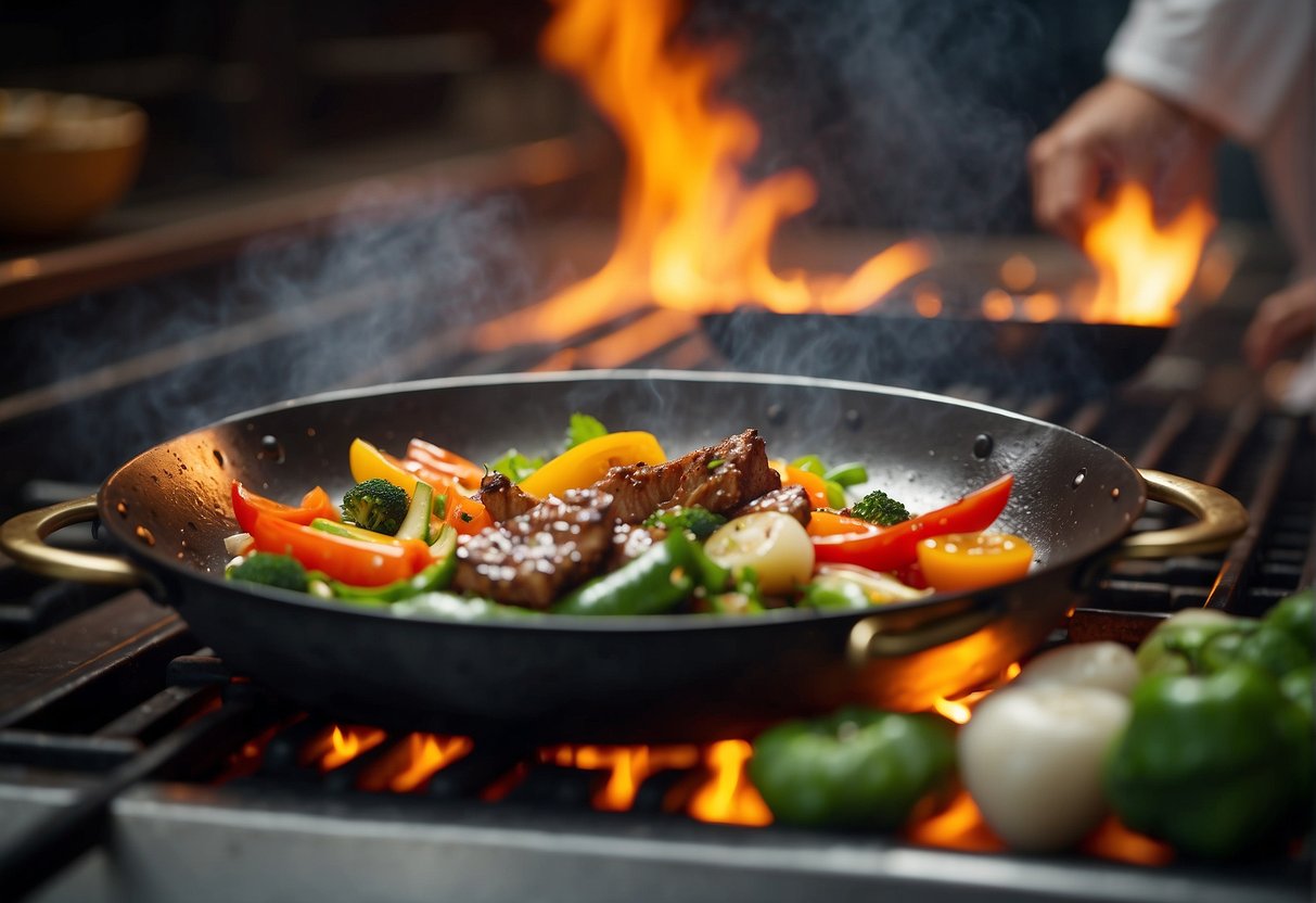 A wok sizzles over a high flame, as a chef adds vibrant vegetables and sizzling meat. Steam rises as the ingredients are tossed with precision and skill