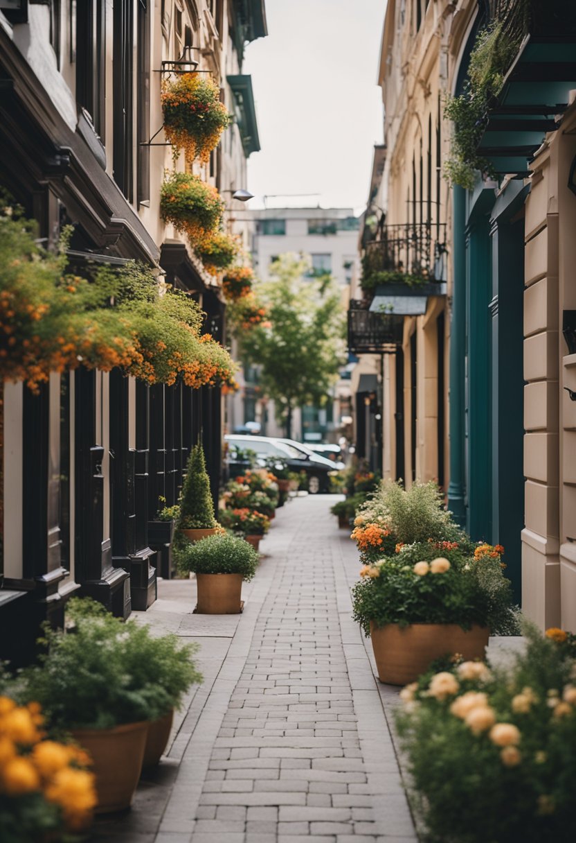 A bustling city street with modern, eco-friendly vacation rentals in a historic downtown area. The buildings are sleek and stylish, with lush greenery and vibrant flowers adding a pop of color to the scene