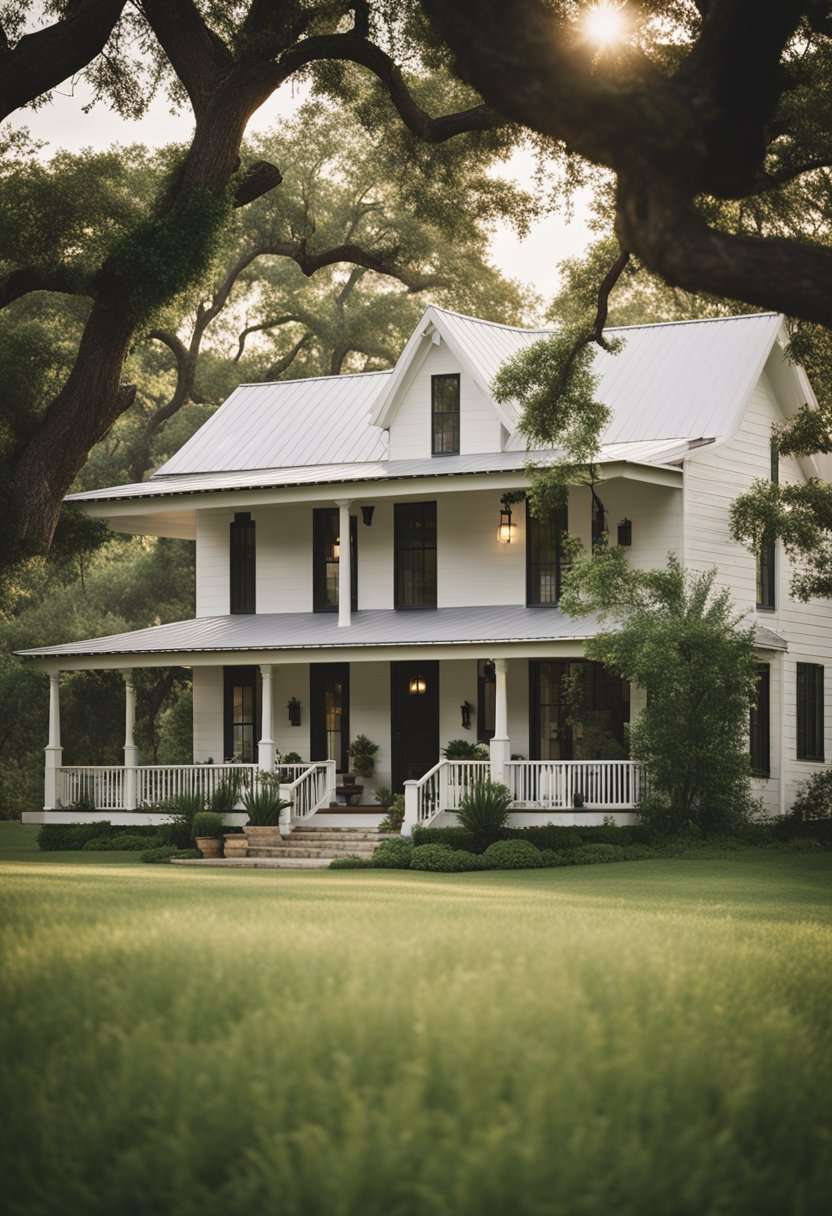 A cozy eco-friendly farmhouse nestled in the rolling hills of Waco, surrounded by lush greenery and a tranquil atmosphere