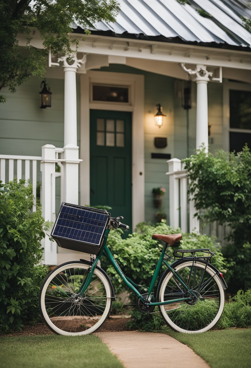 A historical home in downtown Waco, surrounded by lush greenery and solar panels on the roof. A bicycle parked outside and a recycling bin by the front door